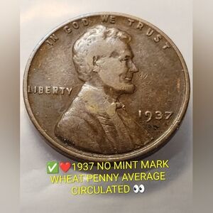 ✅👍1937 Wheat Penny Coin CIRCULATED VINTAGE Good Condition